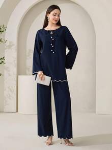 Veilorie 保守休闲波浪刺绣系带女式衬衫 - 藏蓝色 - 查看 7