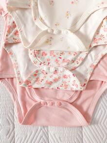SHEIN 3pcs/Set Newborn Baby Girls Cute Pink And Black Floral Print Rompers Short Sleeve Soft Breathable Summer Clothes Family Matching Daily Wear - Brown - View 6