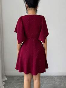 Elenzga New Women V-Neck Pleated Bust Ruffle Sleeve Waist Cinched Mini Dress, Elegant And Youthful - Burgundy - View 2
