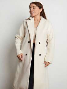 Lupita Cardoza 女士纯色双排扣大衣，休闲秋冬 - 杏色 - 查看 4