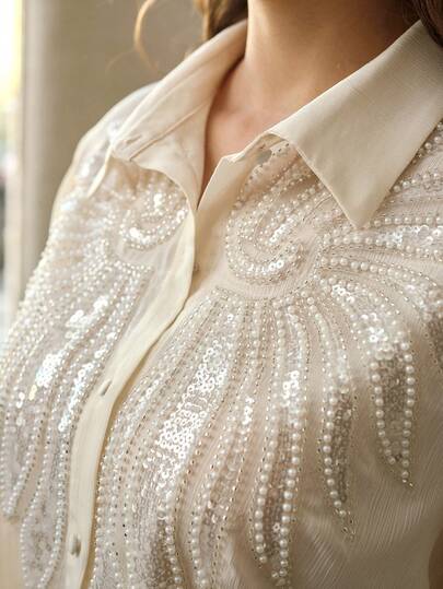 MOTF PREMIUM PLUS SIZE WOMEN'S SEQUIN FRONT BUTTON SHIRT, SPRING/SUMMER