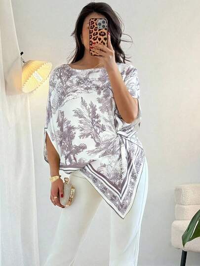 Rafferiza Women's Elegant Landscape Sketch Print Round Neck Asymmetrical Hem Batwing Sleeve Fashion Top