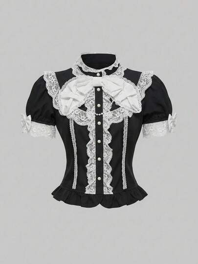 ROMWE J-Fashion Lolita Summer Babydoll Kawaii Sweet 3D Bow Decor Puff Sleeve Women Blouse