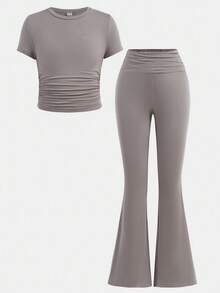 SHEIN Girlism Tween Girl Casual Everyday Fitted Ruched Crew Neck Top And Waist Ruched Flare Pants Set Clothes Set - Grey - View 10