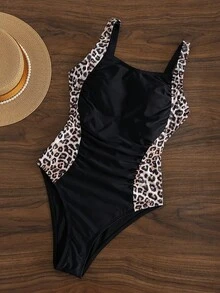 Shapewave Women's Cute Leopard Print Color Block One Piece Swimsuit,Black Tummy Control Slim Fit Body Shaping Swimwear For Summer Holiday Beach Party - Black - View 6