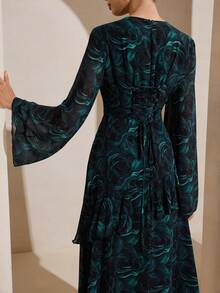 Graceveil Đầm nữ màu xanh ô liu mùa thu, chất liệu chiffon, in hoa, thiết kế thắt eo thanh lịch, thích hợp cho đi chơi và hẹn hò. - Màu xanh lá cây đậm - Xem 9