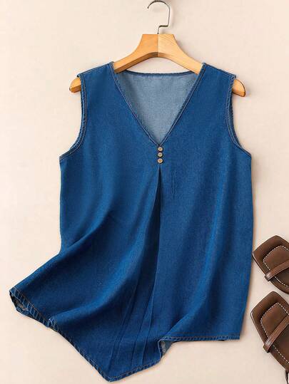 EMERY ROSE Áo denim nữ không tay cổ chữ V cài nút, vạt áo bất đối xứng, kiểu dáng thường ngày.