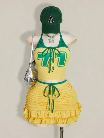 SHEIN ICON Plus Size Brasilien Landslag Färgblockströja Set, Halterneck Rygglös Stickad Topp Och Volangnedslå Minikjol 2-Delad Outfit, Matchdagsoutfit