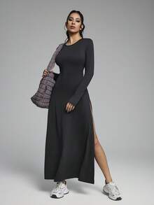 Innovista Cárdigan largo minimalista de mujer de unicolor con cuello redondo, manga larga ajustada, bajo con abertura, diseño minimalista, protección UV, manga extra larga, protección solar, abertura lateral alta, mangas con agujero para el pulgar, tejido suave y elástico, ajuste ceñido. Capa de ropa deportiva modesta para viajes, caminatas, gimnasio y exteriores. Conjunto de aeropuerto "clean girl", ropa deportiva para Gymtok. - Negro - Ver 6