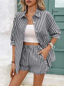 SHEIN Frenchy Linen Texture Two Pieces Women Casual Set With Loose Striped Off-Shoulder Blouse And Shorts, Summer Vacation Season, Summer Clothes, Comfy, Boho, Mom, Beach Women Outfits, Swimsuit Cover Up, Mother Day Dress, Elegant Teacher - Black and White - View 1