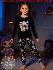 Young Girls Pajamas-2 Piece Pajama Set This Product Requires UV Light Exposure To Glow Round Neck Long Sleeve Top Matching Leggings Tight Fit Cartoon Character Gem Stars Night Party Sleepwear Festive Holiday 2026 Must Have Four Seasons Gift Snug Fit Pants Pajama Set Kids Pj Set Girl - Black - View 8