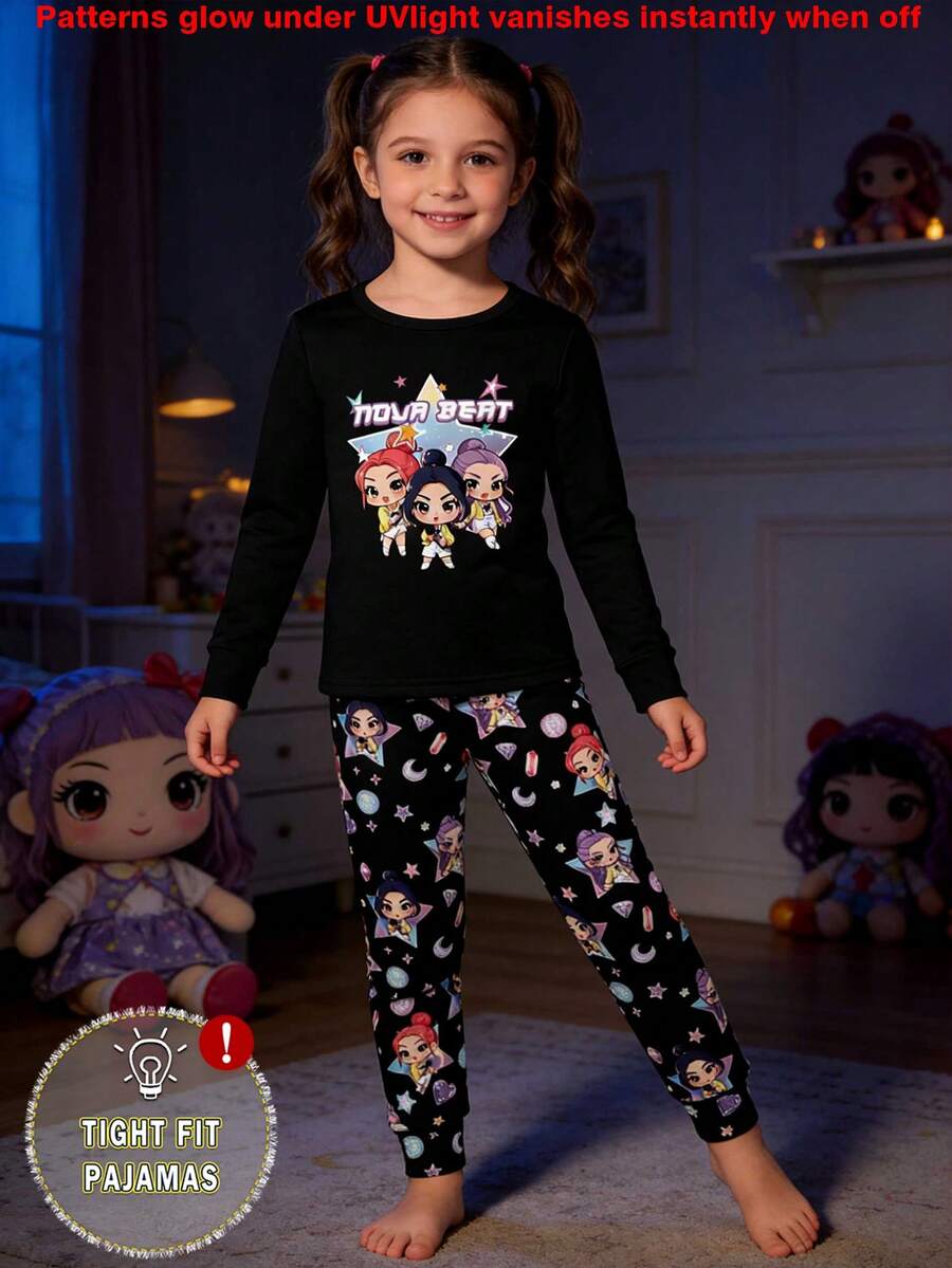 Young Girls Pajamas-2 Piece Pajama Set This Product Requires UV Light Exposure To Glow Round Neck Long Sleeve Top Matching Leggings Tight Fit Cartoon Character Gem Stars Night Party Sleepwear Festive Holiday 2026 Must Have Four Seasons Gift Snug Fit Pants Pajama Set Kids Pj Set Girl - Black - View 1