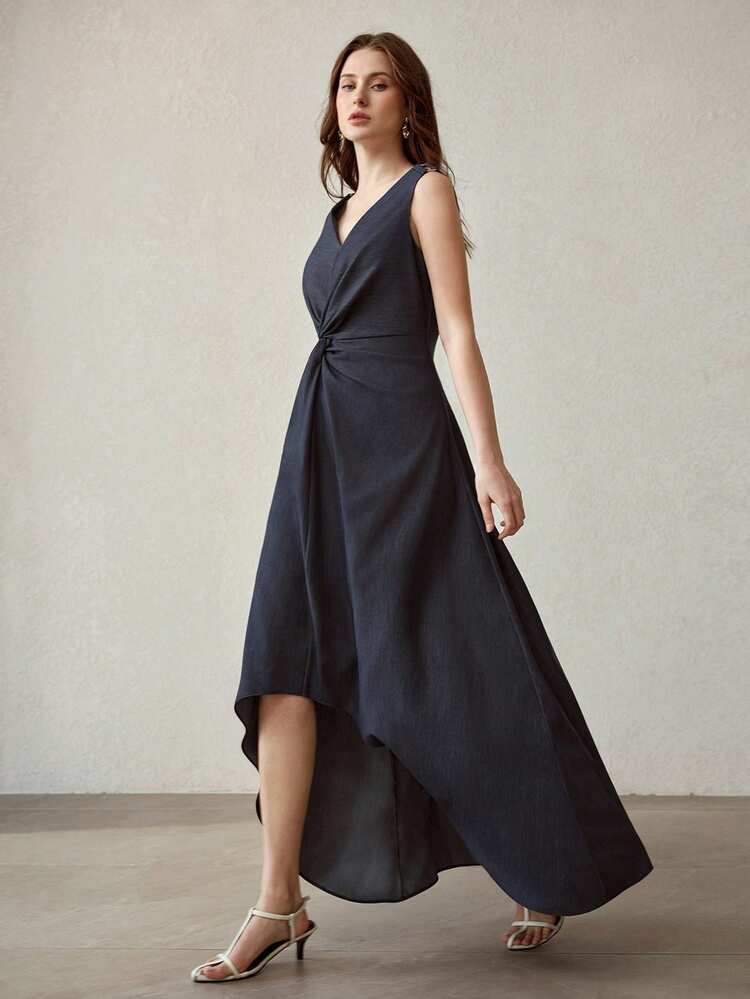 WOMEN'S ASYMMETRIC HEM TWIST FRONT SLEEVELESS DRESS