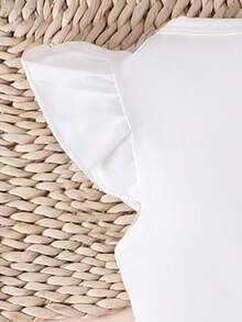 SHEIN Playful Pals 两件套女婴可爱甜美“我的第一个生日”印花圆领荷叶袖T恤搭配彩虹薄纱裙，适合夏季外出穿着。 - 白色 - 查看 4