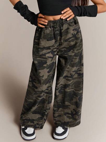 Radiana Tween Girls 的 Y2K 街头迷彩口袋松紧腰阔腿宽松牛仔裤、万圣节服装、秋季服装、圣诞裤、秋季服装、迷彩和树枝印花宽松牛仔裤、军绿色牛仔裤、青少年豹纹高腰长款阔腿牛仔裤、青少年女孩迷彩印花阔腿牛仔裤，适合街头风格