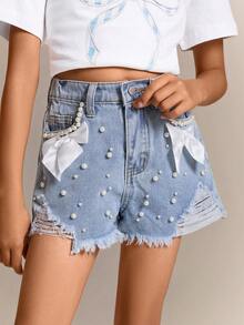Radiana Tween Girl Elegant Light Washed Distressed Bowknot Denim Jeans Shorts With Pocket Insert, Faux Pearl, And Frayed Hem, For Spring And Summer Vacation Festival - Light Wash - View 1