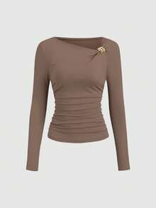 Sweetra Retro American Design Asymmetrical Asymmetric Shoulder T-Shirt, Slim Fit Stylish Women Tee For Autumn - Mocha Brown - View 3