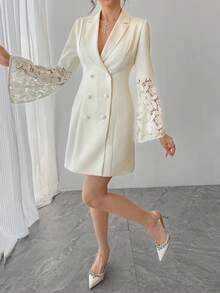 DAZY Vestido mini elegante de mujer con parches de encaje y cuello de blazer, vestido de invitada de boda de primavera/verano - Beis - Ver 4