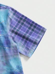 NEON BLANC Men's Rhinestone Print Short Sleeve Denim Shirt - Purple - View 3