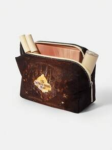 HARRY POTTER X SHEIN 1个卡通图案绗缝化妆包，便携式拉链化妆品收纳袋，多功能储物袋，轻便旅行包，男女通用 - 紅木色 - 查看 5