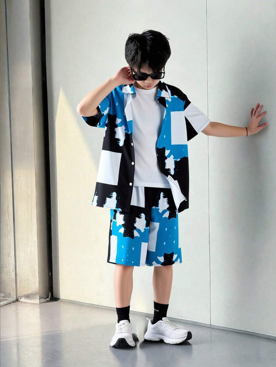 2件套青少年男童夏季时尚条纹拼接Polo领短袖衬衫和休闲短裤套装 - 藍色 - 查看 1