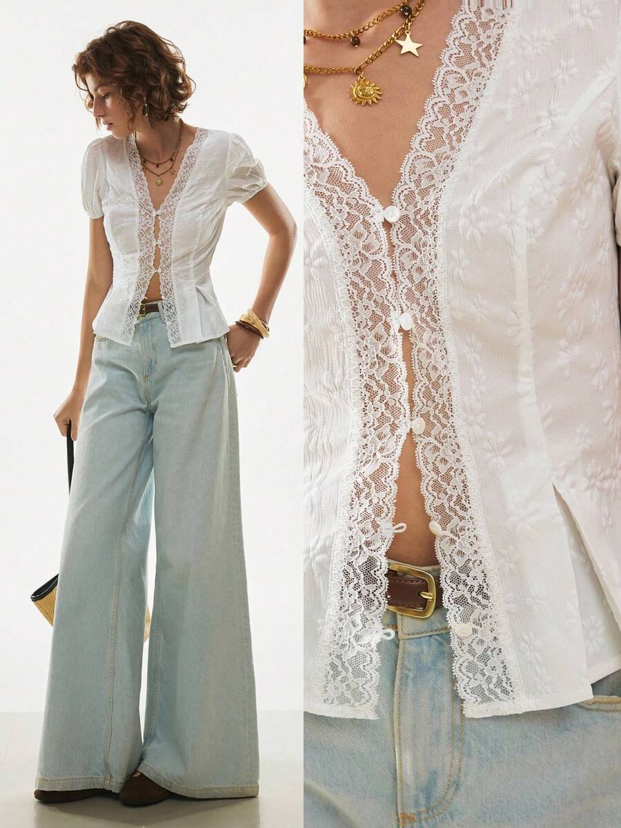 Poéselle 女士激光切割刺绣蕾丝拼接单排扣开襟长袖衬衫，时尚百搭，适合度假穿着 - 白色 - 查看 1