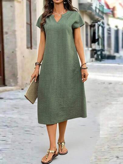 EMERY ROSE Women's Summer Notch V-Neck Striped Floral Print Short-Sleeve Dress Green Summer Dress Women Short Sleeve Summer Dress Casual Midi Dress Women Vacation Dress Summer Casual Dress Vacation Outfits Women  Vacation Outfits Women Vacation Dress Casual Dresses For Women