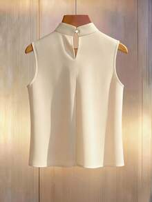 Almamuse Áo sơ mi nữ không tay cổ tàu xếp ly màu trơn, thời trang và đa năng, phù hợp cho đi làm và đi chơi. - Rượu sâm banh - Xem 2