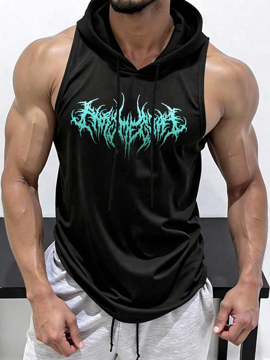 GymBeat 男士哥特风印花连帽运动背心 - 黑色 - 查看 1