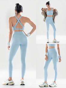 GLOWMODE 2 Pieces Powersculpt™ Sweat-Wicking Cool Feel Crisscross Back Wide Straps Sports Bra & 24" Leggings Set High Impact Workout Running Spring - Baby Blue - View 9