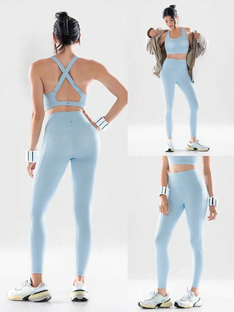 2 Pieces  Powersculpt™ Flex Your Fit Sweat-Wicking Cool Feel Crisscross Back Wide Straps Sports Bra & 24" Leggings Set High Impact Workout Running Training Removable Cups Spring Summer