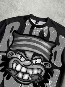 Manfinity Roghcode 男士超大款做旧趣味图案牙齿和金钱印花宽松短袖T恤 - 黑色 - 查看 2