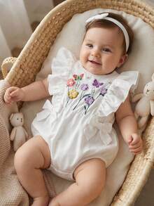 SHEIN 女婴白色无袖花卉蝴蝶印花连体衣，饰有蝴蝶结，可爱休闲，适合夏季外出、旅行和度假。 - 白色 - 查看 1