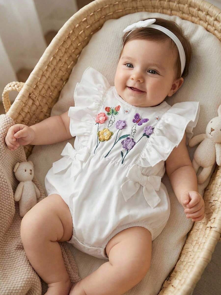 SHEIN 女婴白色无袖花卉蝴蝶印花连体衣，饰有蝴蝶结，可爱休闲，适合夏季外出、旅行和度假。 - 白色 - 查看 1