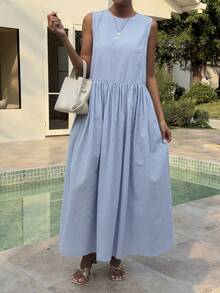 Livesso 无袖棉质条纹中长连衣裙，适合海滩度假 - 藍色 - 查看 6