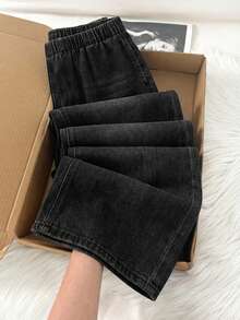 SHEIN Teen Girls Casual Washed Soft Lightweight Spring & Summer Elastic Waist Jeans - Black - View 8