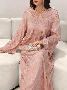 Yasmyna 女士春夏粉色梭织印花长袖连帽优雅土耳其长裙和阿拉伯传统长袍 - 粉色 - 查看 6