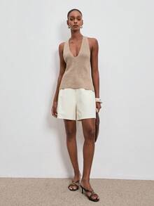 ATUI Studio Blusa de punto acanalado de cuello en V minimalista de unicolor para vacaciones de mujer - Caqui - Ver 6