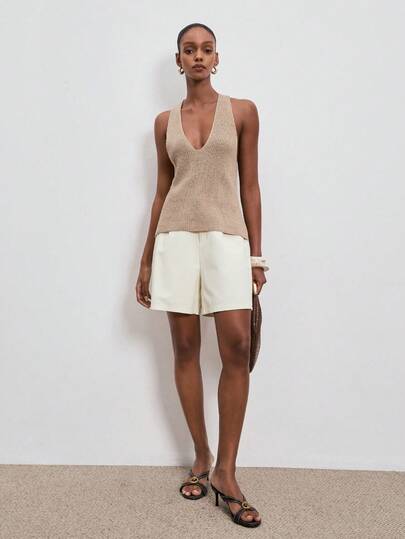 ATUI Studio Blusa de punto acanalado de cuello en V minimalista de unicolor para vacaciones de mujer