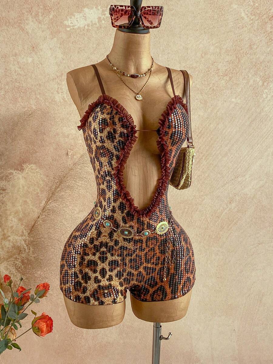 Soleia Mono de mujer con estampado de leopardo, volantes con lentejuelas y recortes calados, sexy - Café integral - Ver 1