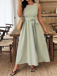 Weeklong Plus Size Summer Casual Striped Round Neck Sleeveless Dress - Multicolor - View 1