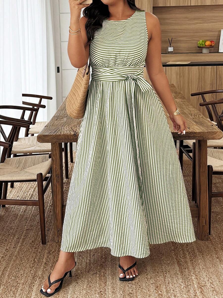 Weeklong Plus Size Summer Casual Striped Round Neck Sleeveless Dress - Multicolor - View 1