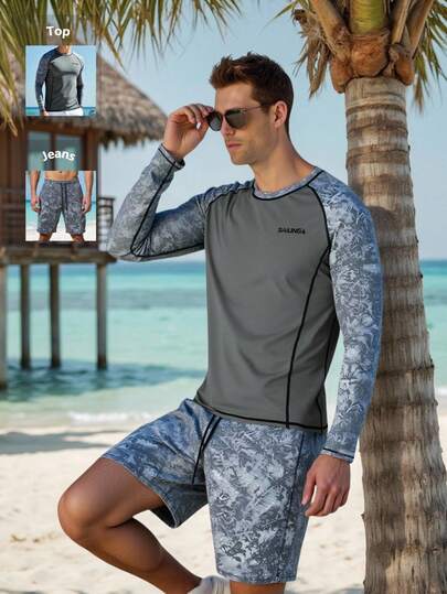 Manfinity VDAYZ Men's Graphic Print Crew Neck Long Sleeve Rash Guard And Drawstring Waist Swim Shorts Set