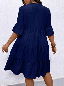 EMERY ROSE Vestido elegante de talla grande con cuello con muesca y dobladillo con volantes de unicolor - Azul Marino - Ver 2