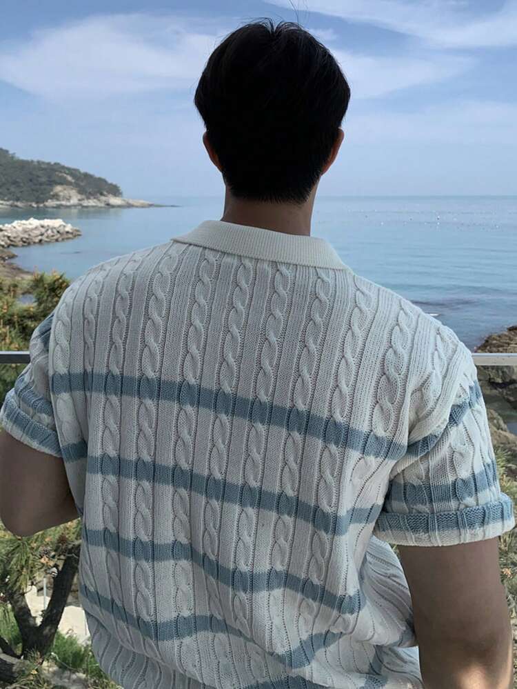 Men's Short Sleeve Blue Striped White Polo Collar Knit Top, Summer