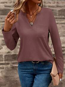 EMERY ROSE 女士纯色V领休闲百搭日常长袖T恤 - 粉色 - 查看 5