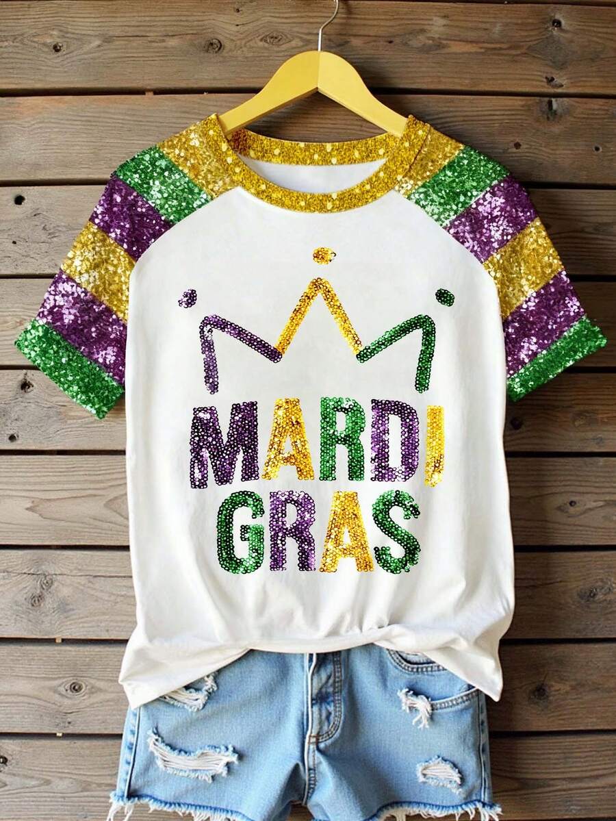 EMERY ROSE Áo thun nữ tay ngắn cổ tròn phối màu tương phản, in chữ và đính sequin, thoải mái, phù hợp mặc hàng ngày và đi nghỉ. - Nhiều màu - Xem 1