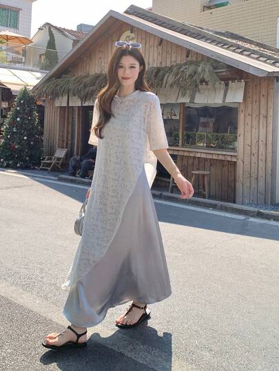 DAZY Women's Round Neck Lace Korean Style Short Sleeve Casual T-Shirt With Dress, 2-Piece Set