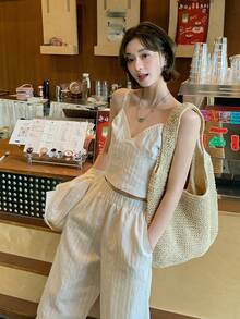 DAZY Conjunto casual de mujer con camisa de manga larga de hombros caídos a rayas, camiseta sin mangas y pantalones - Albaricoque - Ver 3