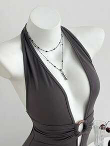 Elamini Women's Deep V-Neck Casual Bodysuit, Spring/Summer - Dark Grey - View 4